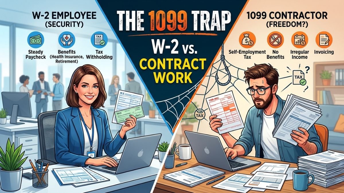 Comparison between a W-2 employee and a 1099 contractor.